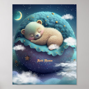 Poster Mignon Ours Endormi Oreiller Bleu Étoiles Lune Nur