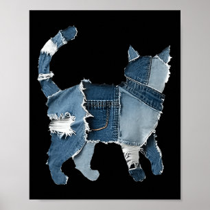 Poster Mignon Patchwork en Denim Animaux Chat Rétro