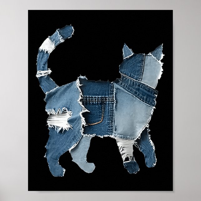 Poster Mignon Patchwork en Denim Animaux Chat Rétro (Devant)