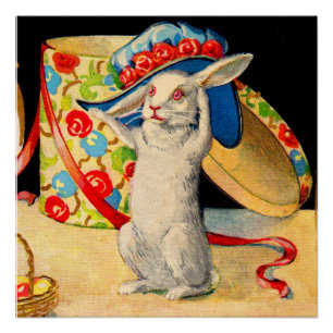 Poster mignon petit lapin blanc portant grand casquette