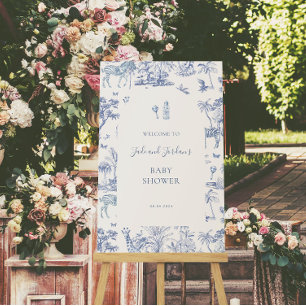 Poster Mignon Safari Toile de Jouy   Shower de Bébé Bleu