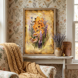 Poster Mignonne abeille à miel en aquarelle vintage et ra
