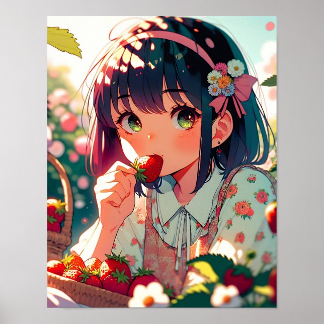 Poster Mignonne Anime Girl Mange des fraises | Jour d'été (Devant)