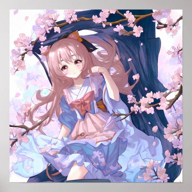 Poster Mignonne Anime Girl Sous Un Arbre En Fleur De Ceri (Devant)
