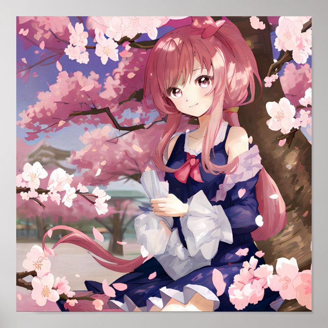 Poster Mignonne Anime Girl Sous Un Arbre En Fleur De Ceri (Devant)