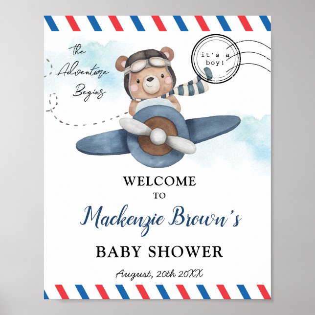 Poster Mignonne Bear Plane Aventure Commence Baby shower  (Devant)