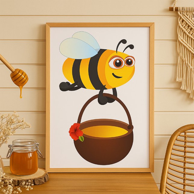 Poster Mignonne Bee transportant un pot de miel avec fleu (Créateur téléchargé)
