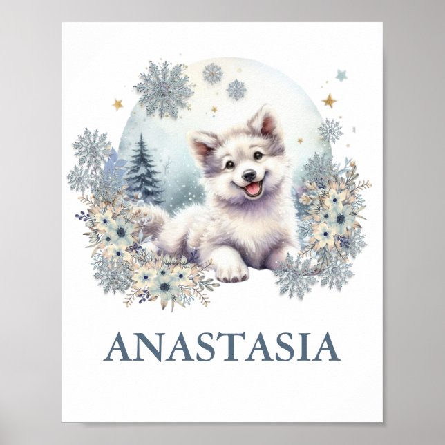 Poster Mignonne bois bébé animal loup chien thème d'hiver (Devant)