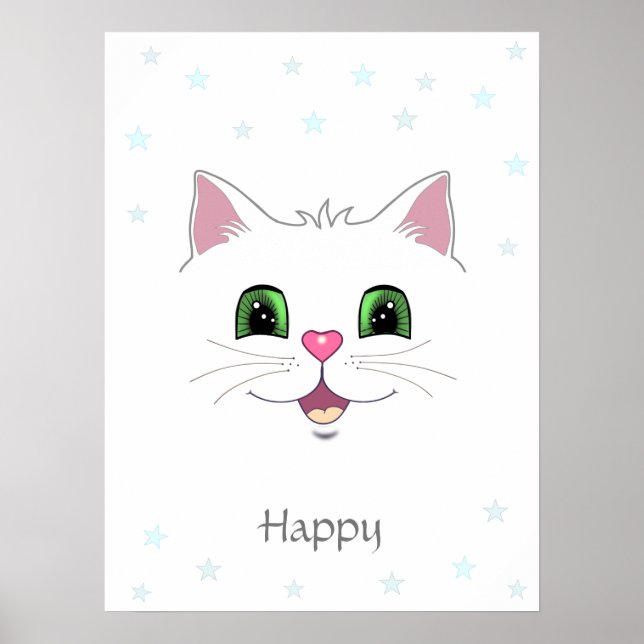 Poster Mignonne chatte blanc visage et étoiles (Devant)