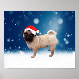 Poster Mignonne chien Carlin Noël Père Noël Chapeau Neige