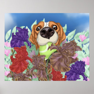 Poster Mignonne chien sur un terrain fleuri.