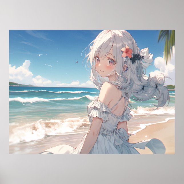 Poster mignonne fille anime aux cheveux blancs sur la pla (Devant)