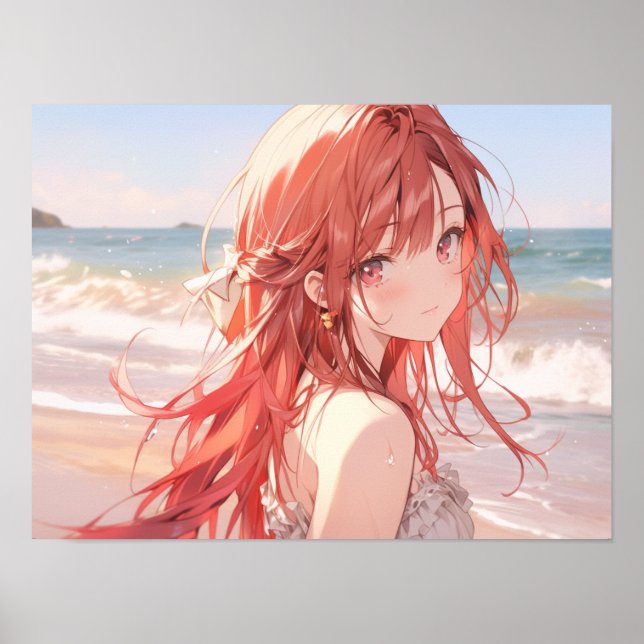 Poster Mignonne fille anime aux cheveux roux sur la plage (Devant)