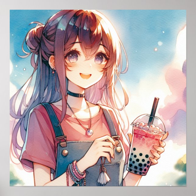 Poster Mignonne fille Anime tenant un Boba Tea (Devant)