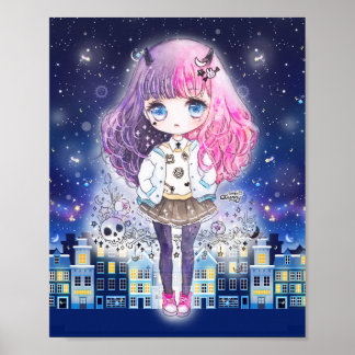 Poster Mignonne fille chibi dans une ville étoilée
