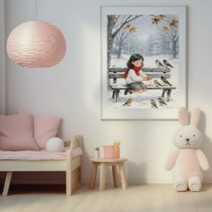 Poster Mignonne fille d'hiver nourrissant les oiseaux déc