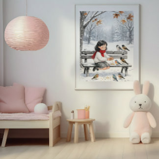 Poster Mignonne fille d'hiver nourrissant les oiseaux déc