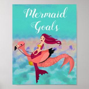 Poster Mignonne fille mauve sirène & Mermingo rose