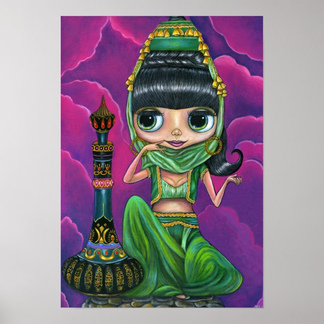 Poster Mignonne Green Genie Girl Big Eyes Poupée Bouteill (Devant)