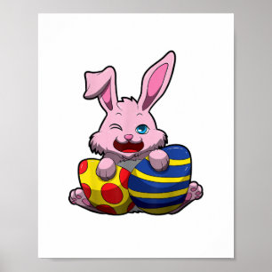 Poster Mignonne lapin de Pâques avec des oeufs colorés - 