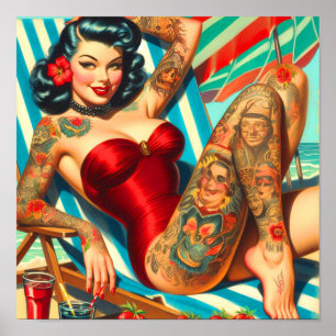 Poster Mignonne maillot de bain tatoué Pin-up