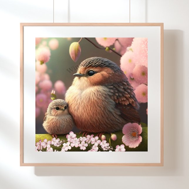 Poster Mignonne maman et bébé oiseau sur un arbre Fleurs  (Créateur téléchargé)