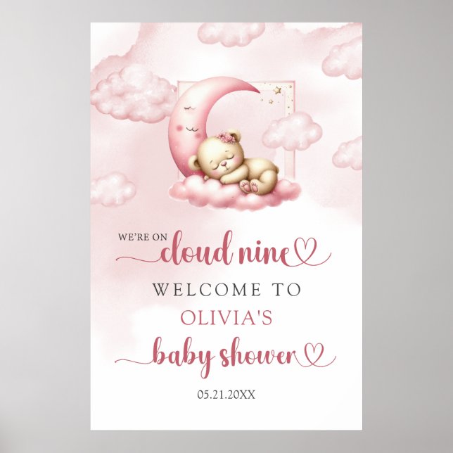 Poster Mignonne nuage d'ours en peluche neuf rose Bienven (Devant)