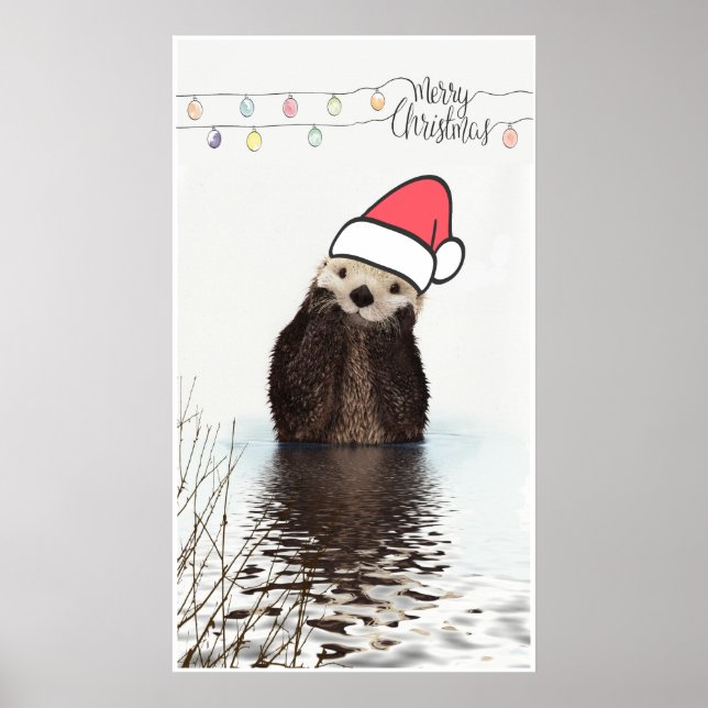 Poster Mignonne Otter portant un chapeau de Père Noël (Devant)