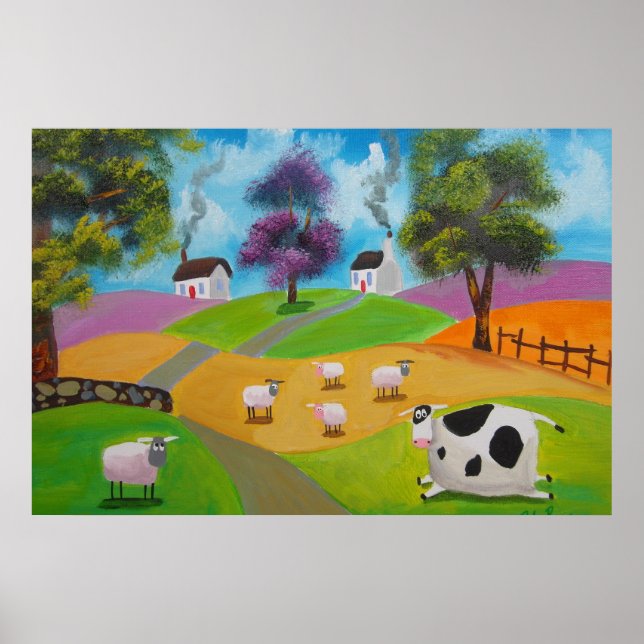 Poster Mignonne peinture folklorique de moutons et vaches (Devant)