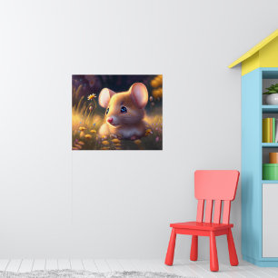 Poster Mignonne petite souris dans une prairie fleurie, e