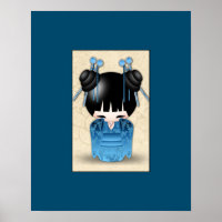 Mignonne Poupée Japonaise Kokeshi Habillée En Bleu