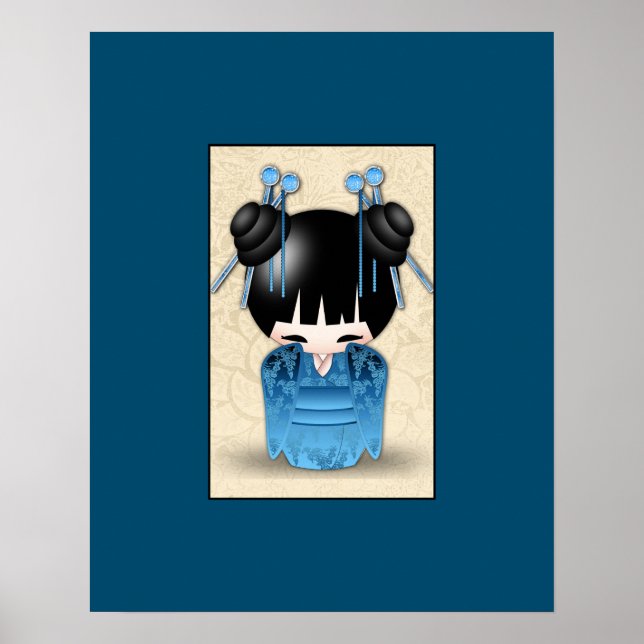Poster Mignonne Poupée Japonaise Kokeshi Habillée En Bleu (Devant)