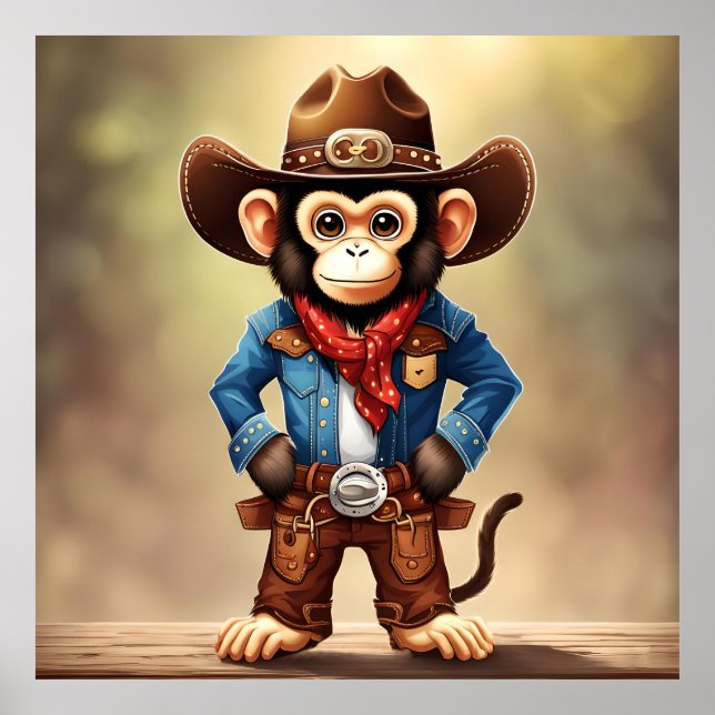 Poster Mignonne singe en costume de cowboy (Devant)