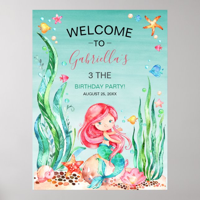 Poster Mignonne sirène d'aquarelle sous la mer Anniversai (Devant)