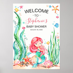 Poster Mignonne sirène d'aquarelle sous le Baby shower ma