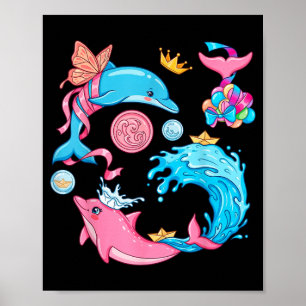 Poster Mignonne Sirène Dauphin Kawaii Océan Animaux Marin