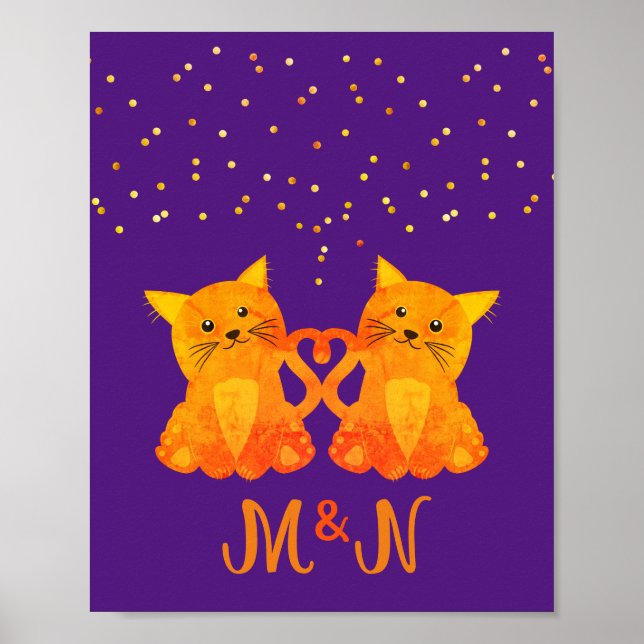 Poster Mignonne violet orange Kitten Couple Deux Monogram (Devant)