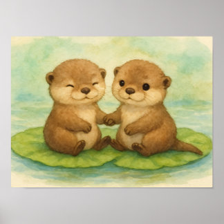 Poster Mignonnes loutres à l'aquarelle se tenant la main