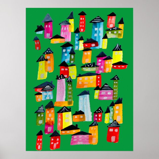 Poster Mignonnes maisons d'aquarelle blanc (Devant)