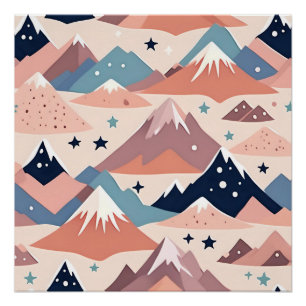 Poster Mignonnes montagnes enneigées et étoiles motif ros
