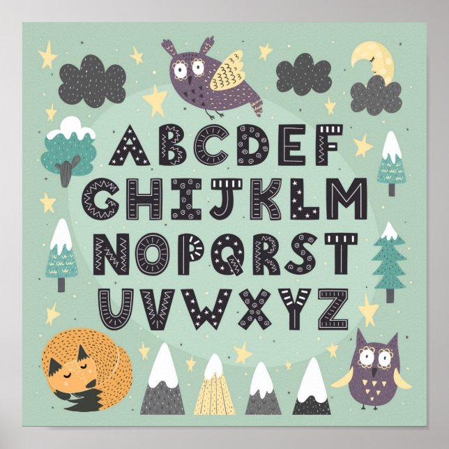 Poster Mignons animaux de bois Whimsical ABC Alphabet (Devant)