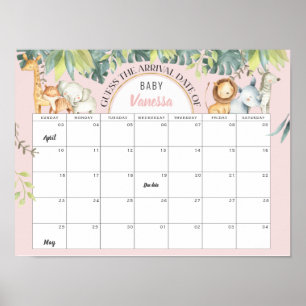 Poster Mignons animaux rose jungle fille baby shower jeu