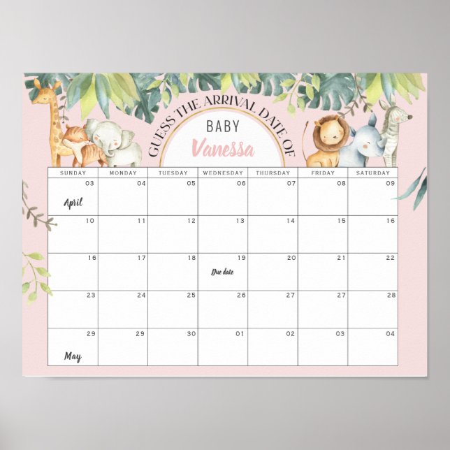 Poster Mignons animaux rose jungle fille baby shower jeu (Devant)
