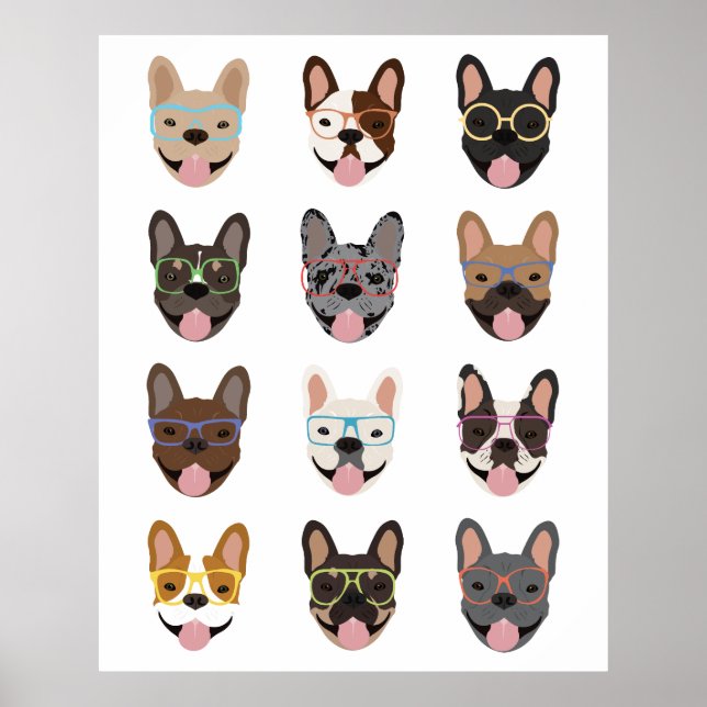 Poster Mignons Bulldogs français portant des lunettes (Devant)