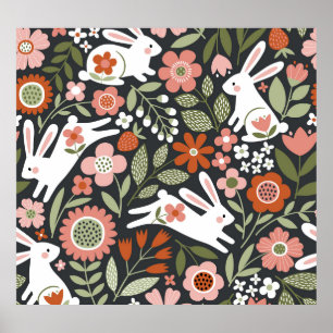 Poster Mignons lapins blancs, motif vintage fleuri.