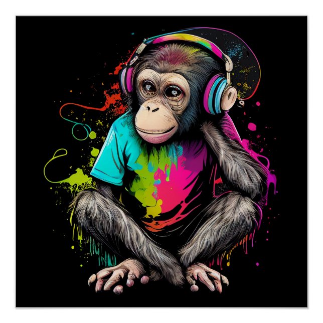 Poster Mignons Singe Écouter Musique, Musique Singe Obséd (Devant)