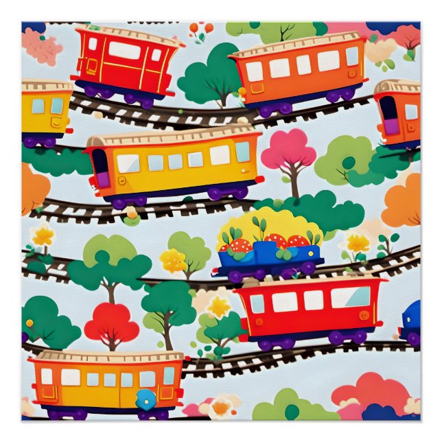 Poster Mignons trains et arbres bleu motif (Devant)