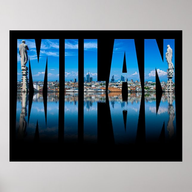 Poster Milan étiquette composé de Milan skyline en Italie (Devant)