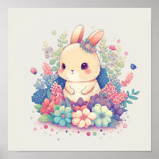 Poster Millie Mae - Joli lapin assis en fleurs Imprimer (Devant)
