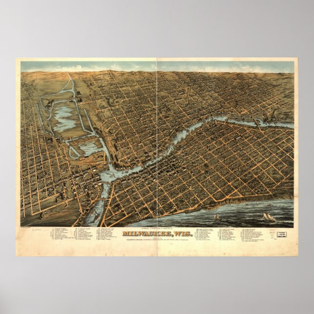 Poster Milwaukee WI 1872 Carte panoramique antique (Devant)